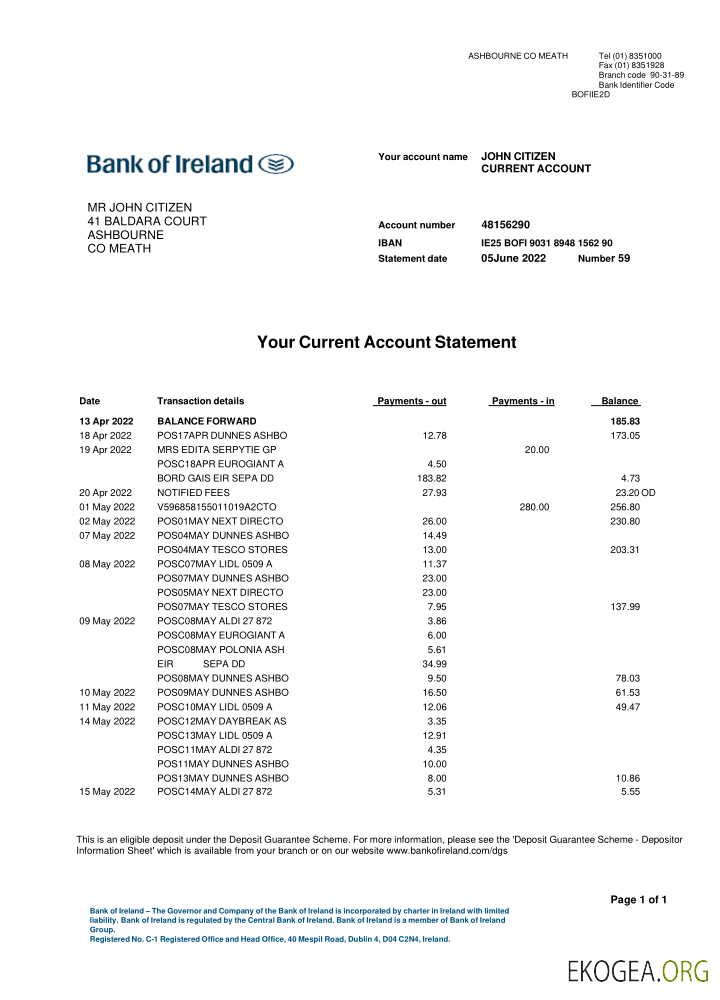 Modèle de relevé bancaire de la Ireland Bank of Ireland, format Word et PDF, 2 pages